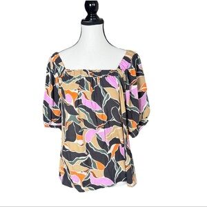 Evereve Black Pink Floral Square Neck Puff Sleeve Top Sz M Romantic Flirty Boho